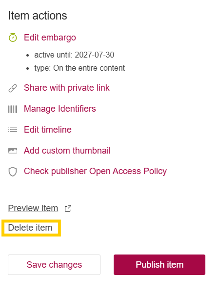 Figshare menu with delete option.