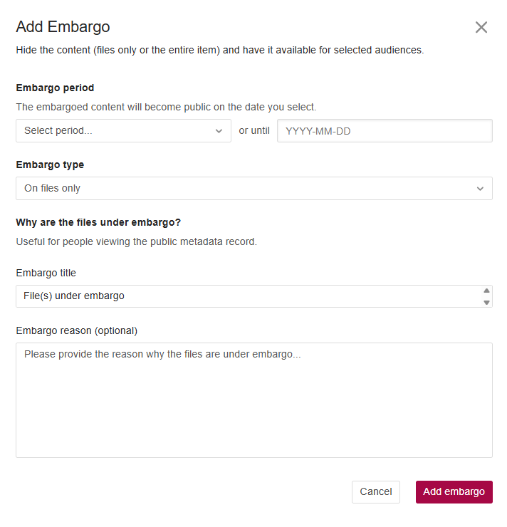 Image of the 'add embargo' screen including the required metadata fields.