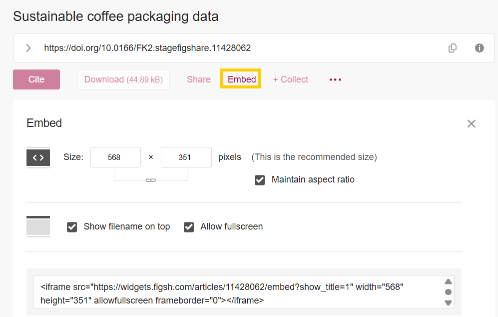 Image showing the location of the 'Embed' option on a public item page. 