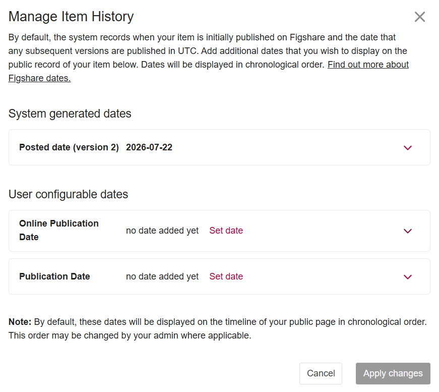 Manage the item history from this pop-up screen. 