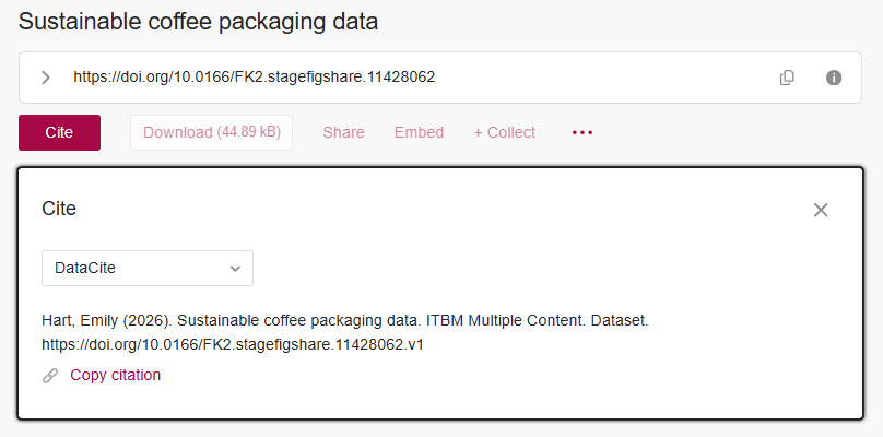 Image of the 'Cite' options from the public page for an item. 