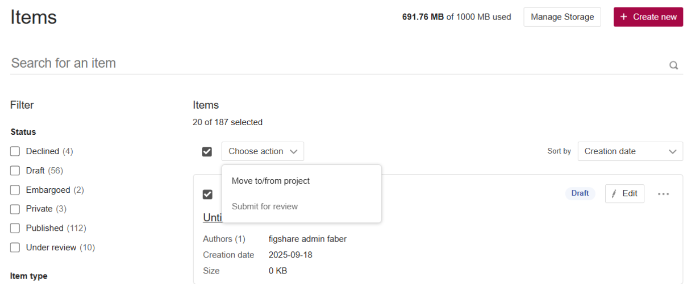 Showing the Bulk Actions available on the ‘Items’ Page.